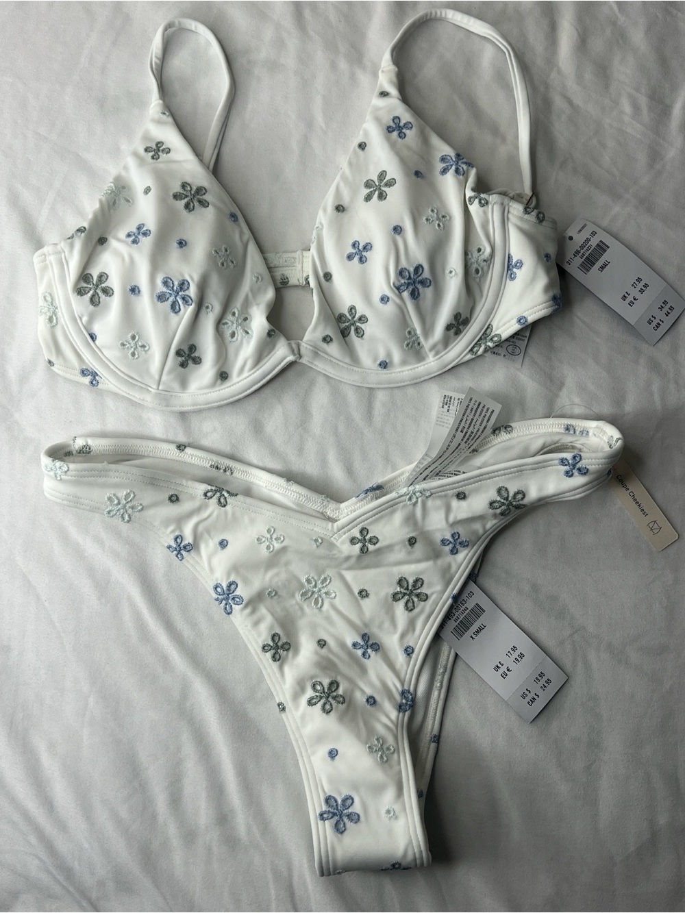 White Floral Embroidered Bikini Set with Blue & Gray Accents